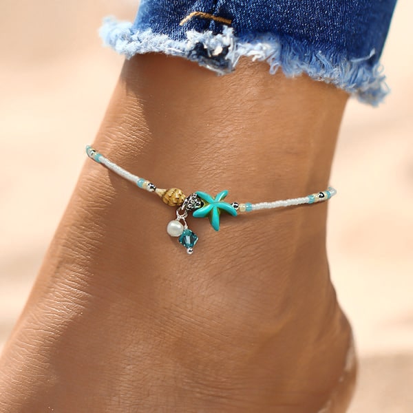 Beaded Ocean Ankle Bracelet With Seashell, Starfish & Pearl