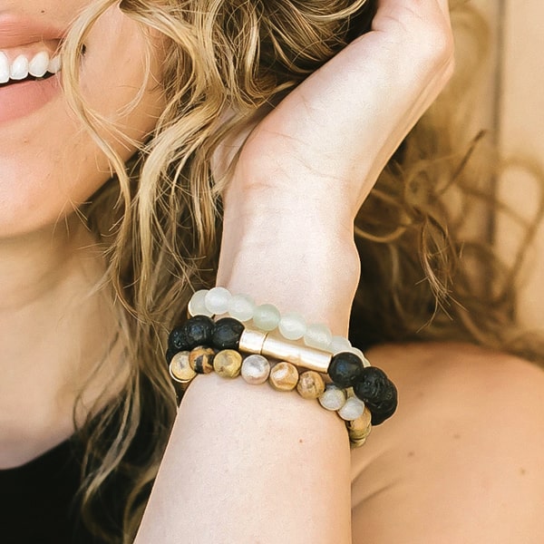 Beaded jasper stone bracelet on a woman's wrist
