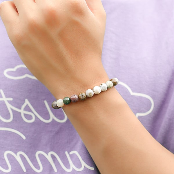 Beaded ocean jasper bracelet on a woman's wrist