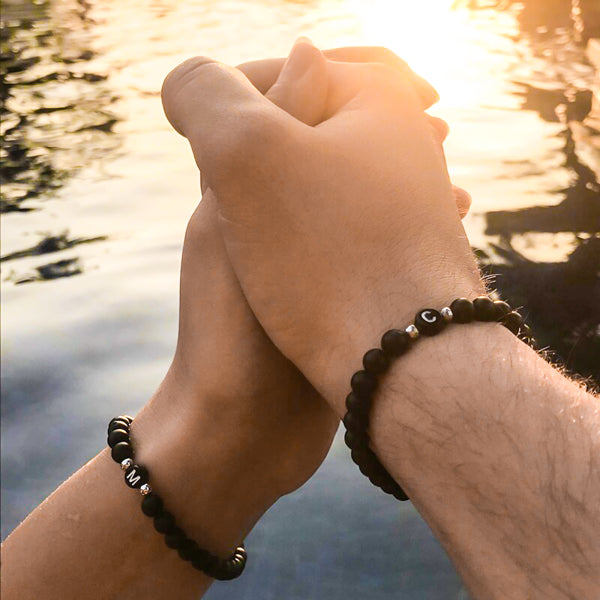 Black beaded initial letter love bracelets for couples