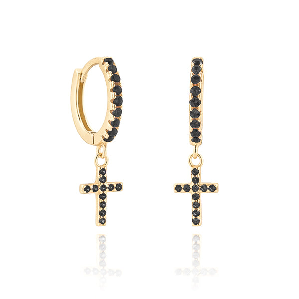 Gold cross huggie hoop earrings with black crystals