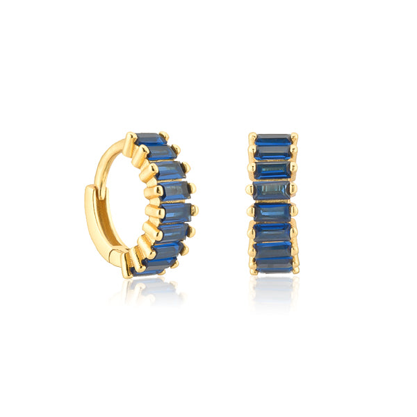Small gold hoop earrings with blue rectangle emerald-cut cubic zirconia stones