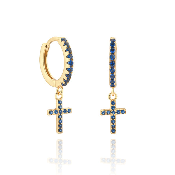 Gold cross huggie hoop earrings with blue crystals