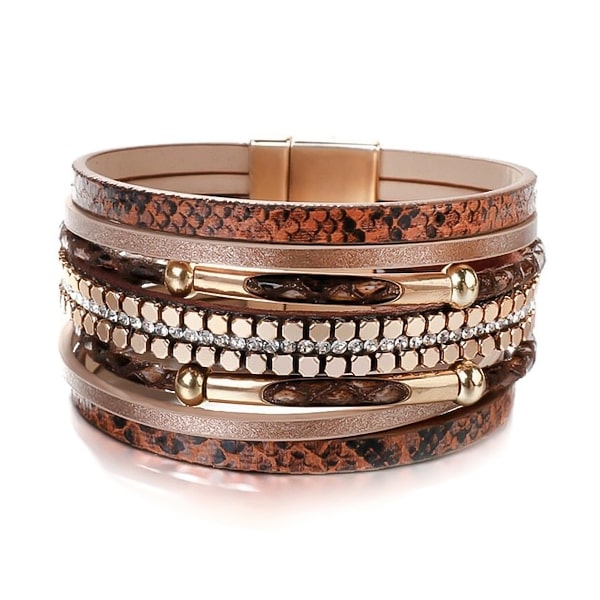 Brown and gold snakeskin leather cuff bracelet for women