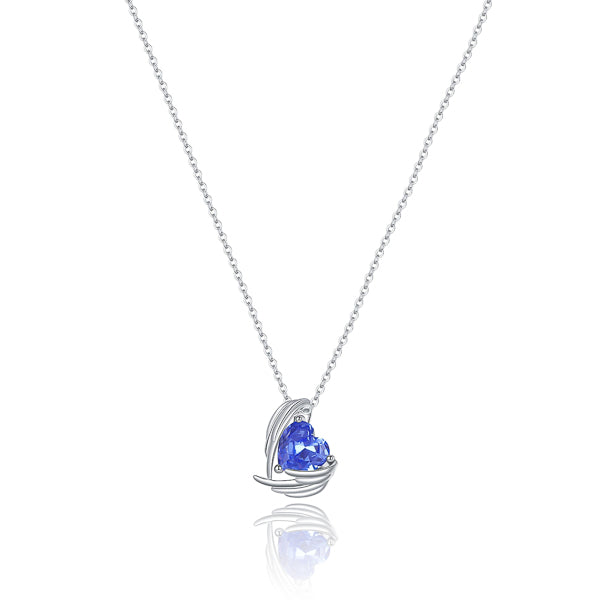 Celtic blue crystal heart and angel wings pendant on a silver chain