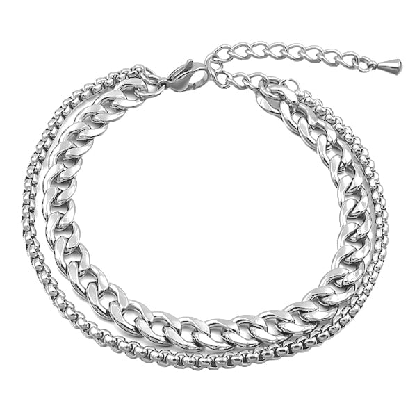 Two-layer silver cuban link and box chain anklet made of stainless steel