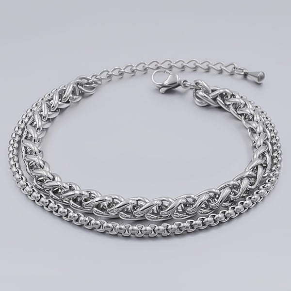 Two-layer silver wheat and box chain ankle bracelet made of stainless steel