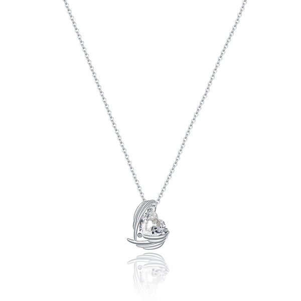 Clear white crystal heart and angel wings pendant hanging from a silver chain