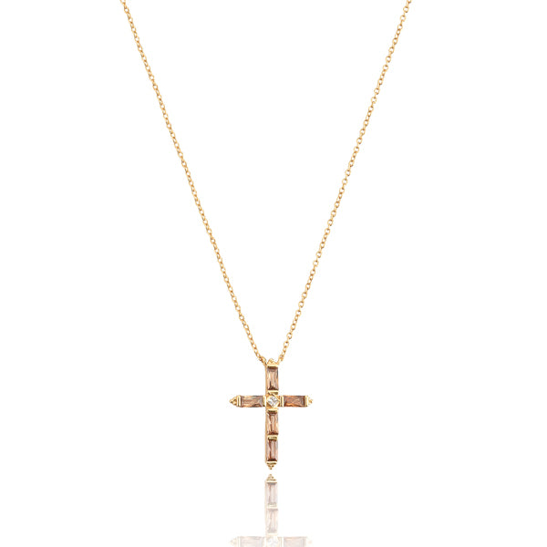 Cognac crystal cross on a gold necklace