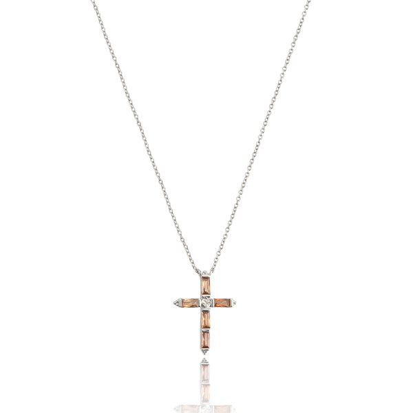Cognac crystal cross on a silver necklace