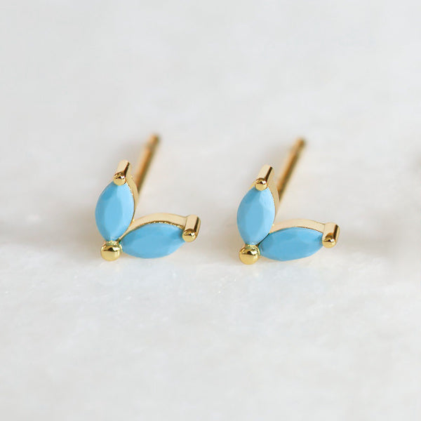 Gold and turquoise double marquise stone stud earrings details
