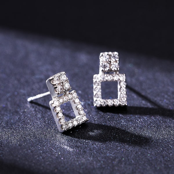 Double crystal square stud earrings detail