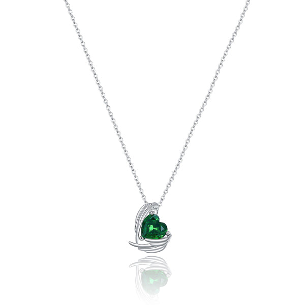 Emerald green crystal heart and angel wings pendant on a silver chain