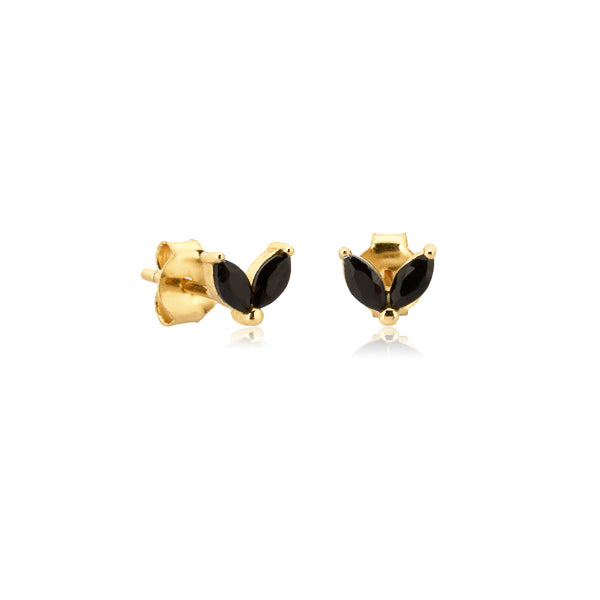 Gold and black double marquise stone stud earrings