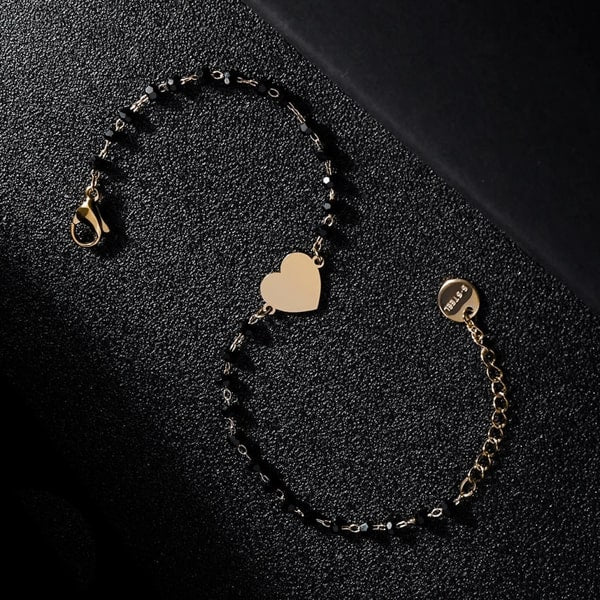 Waterproof gold heart bracelet made of stainless steel and black beads