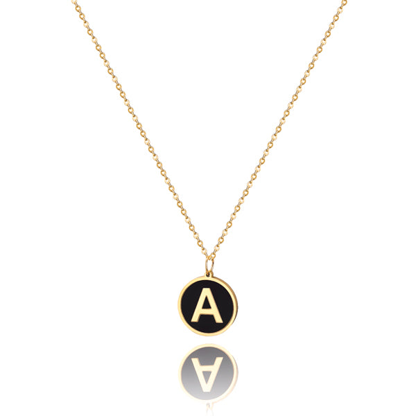 Gold and black round initial coin pendant necklace