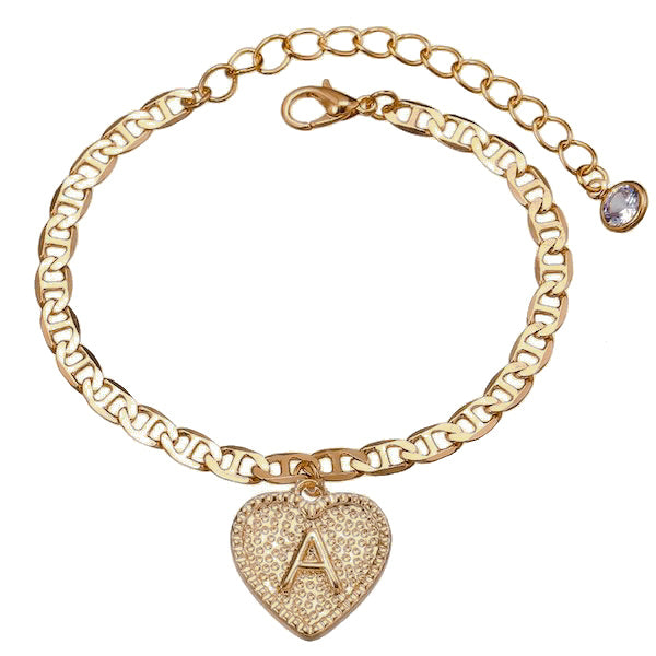 Gold initial letter anklet with heart charm