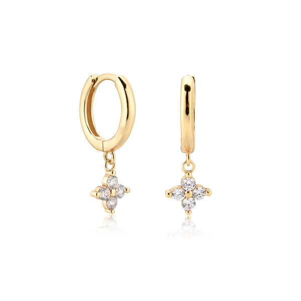 Gold mini flower huggie hoop drop earrings