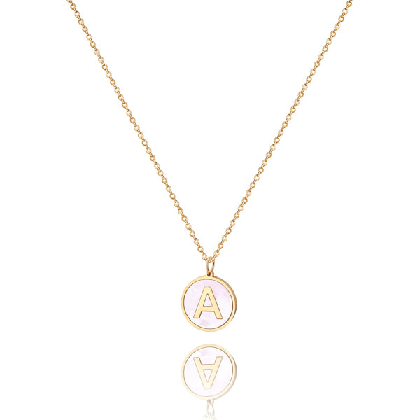 Gold and pearly white round initial coin pendant necklace
