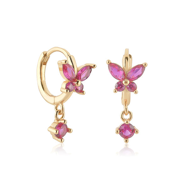 Gold and pink crystal butterfly huggie hoop earrings