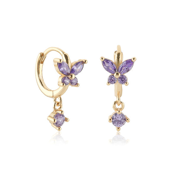 Gold and purple crystal butterfly huggie hoop earrings