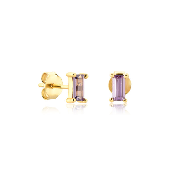 Gold and purple mini baguette cubic zirconia stud earrings