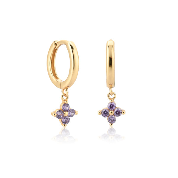 Gold and purple mini flower huggie hoop drop earrings