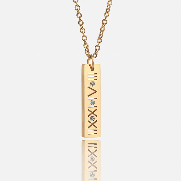 Gold Roman bar of wisdom necklace details