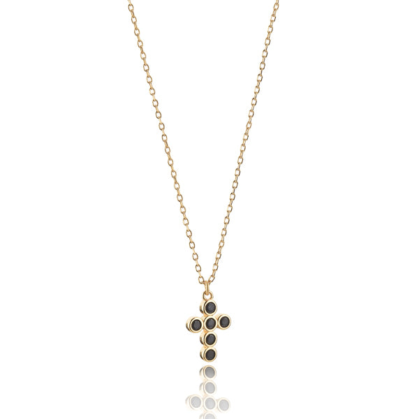 Gold rounded cross necklace with black crystals
