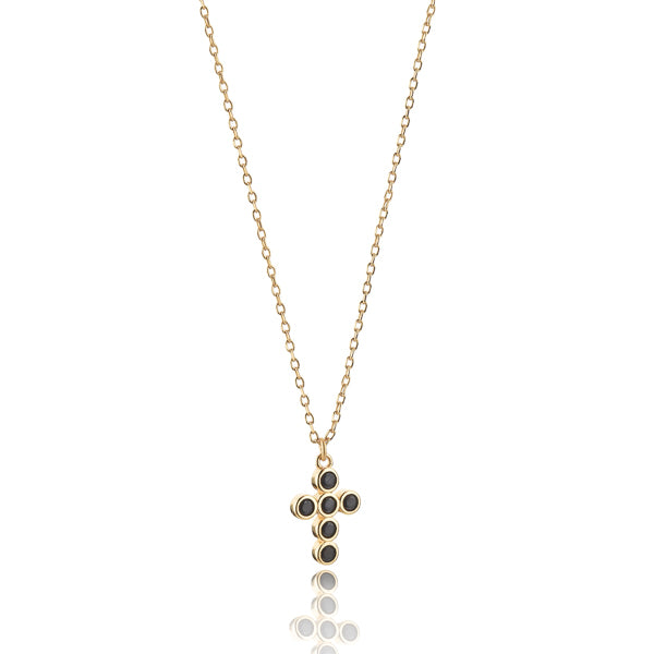 Gold rounded cross necklace with black crystals