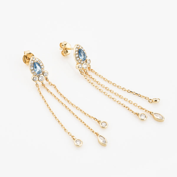 Gold and blue crystal chandelier earrings details