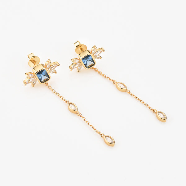 Gold and blue crystal drop chain earrings details