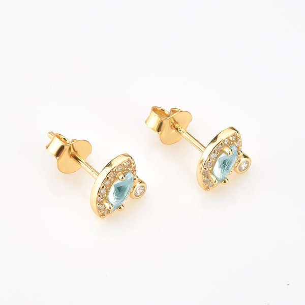 Gold blue crystal eye stud earrings detail