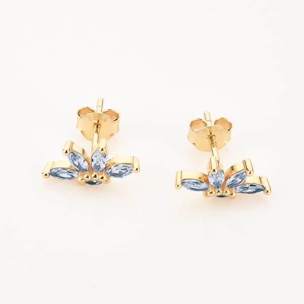 Gold blue flower crystal stud earrings details