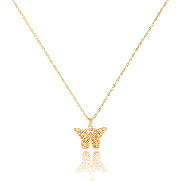 Gold butterfly necklace on a Singapore chain