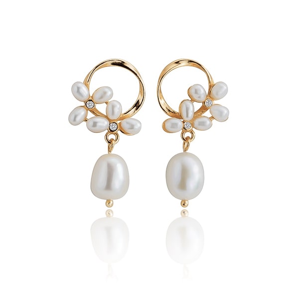 Gold circle pearl drop stud earrings