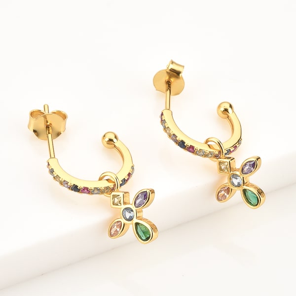 Gold colorful crystal cross c hoop earrings detail