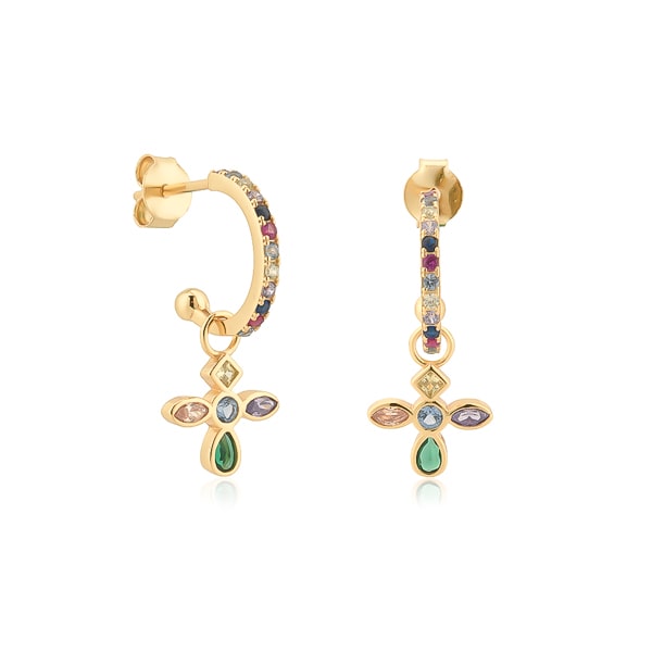 Gold colorful crystal cross c hoop earrings