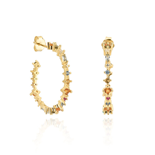 Gold colorful crystal hoop earrings