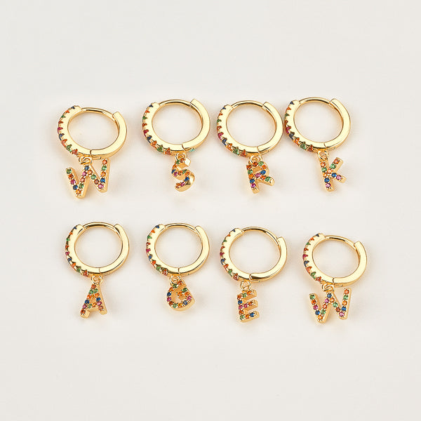 Gold colorful crystal initial letter huggie hoop earrings