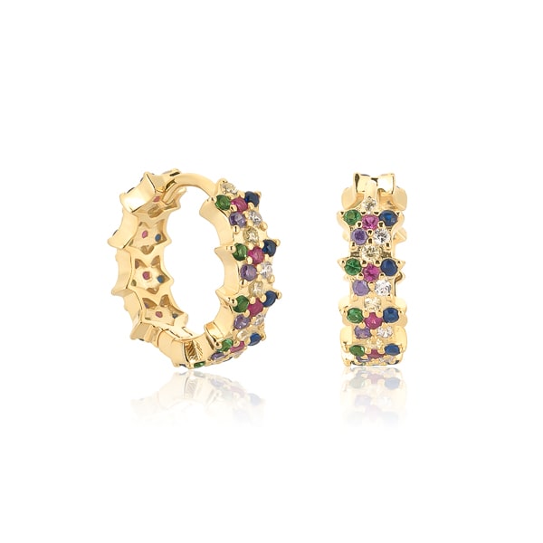 Gold colorful flower pavé hoop earrings