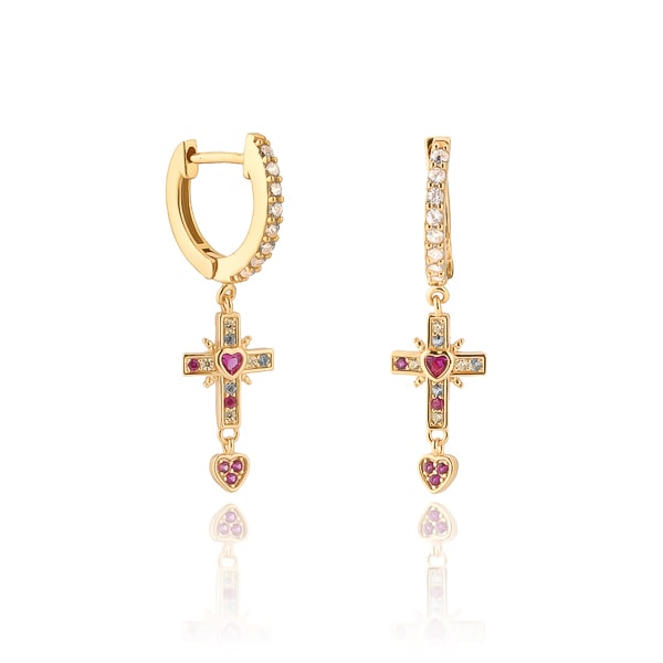 Gold cross heart huggie hoop earrings