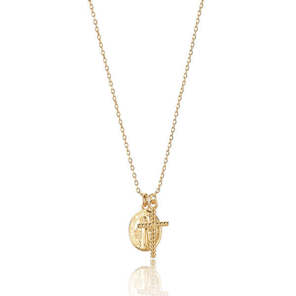 Gold cross and Virgin Mary pendant necklace