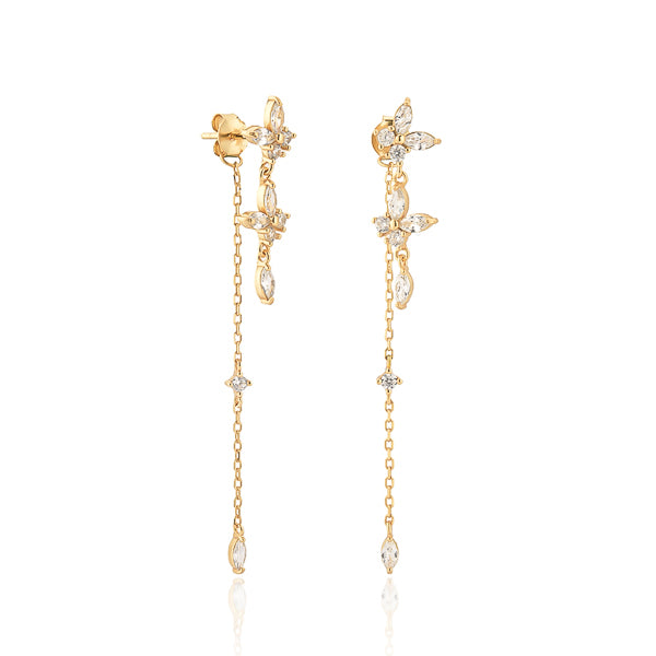 Gold crystal butterfly drop chain earrings