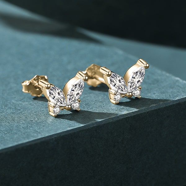Gold crystal butterfly stud earrings detail