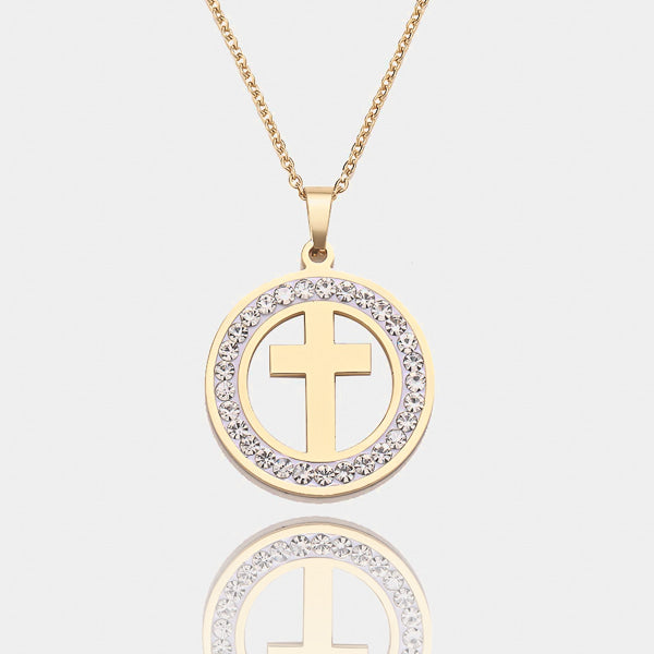 Gold crystal coin cross pendant necklace details
