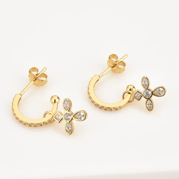 Gold crystal cross c hoop earrings detail