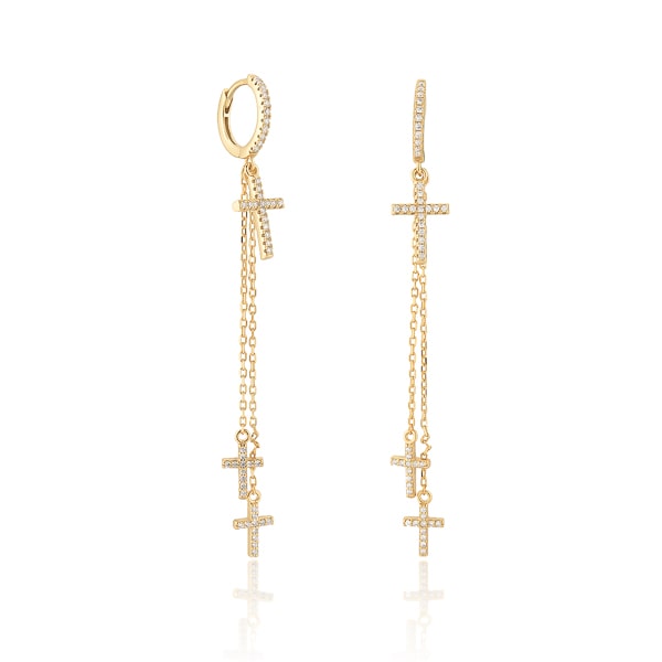 Gold crystal cross drop chain hoop earrings