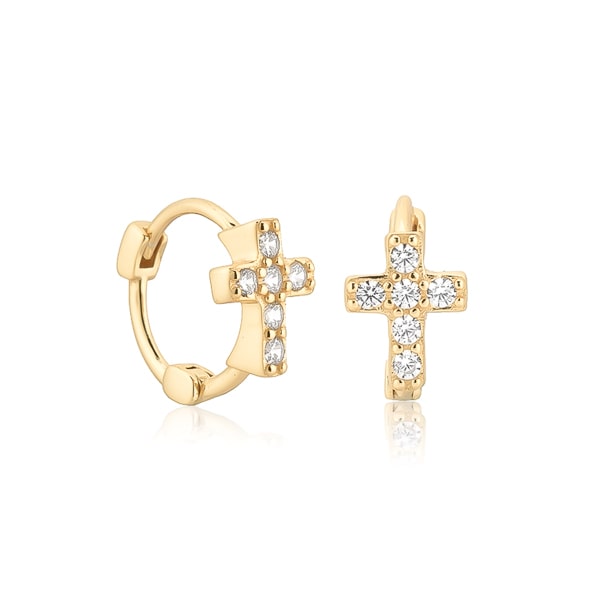 Gold crystal cross huggie hoop earrings