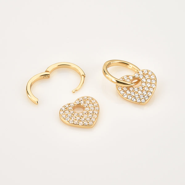 Gold crystal heart huggie hoop earrings details